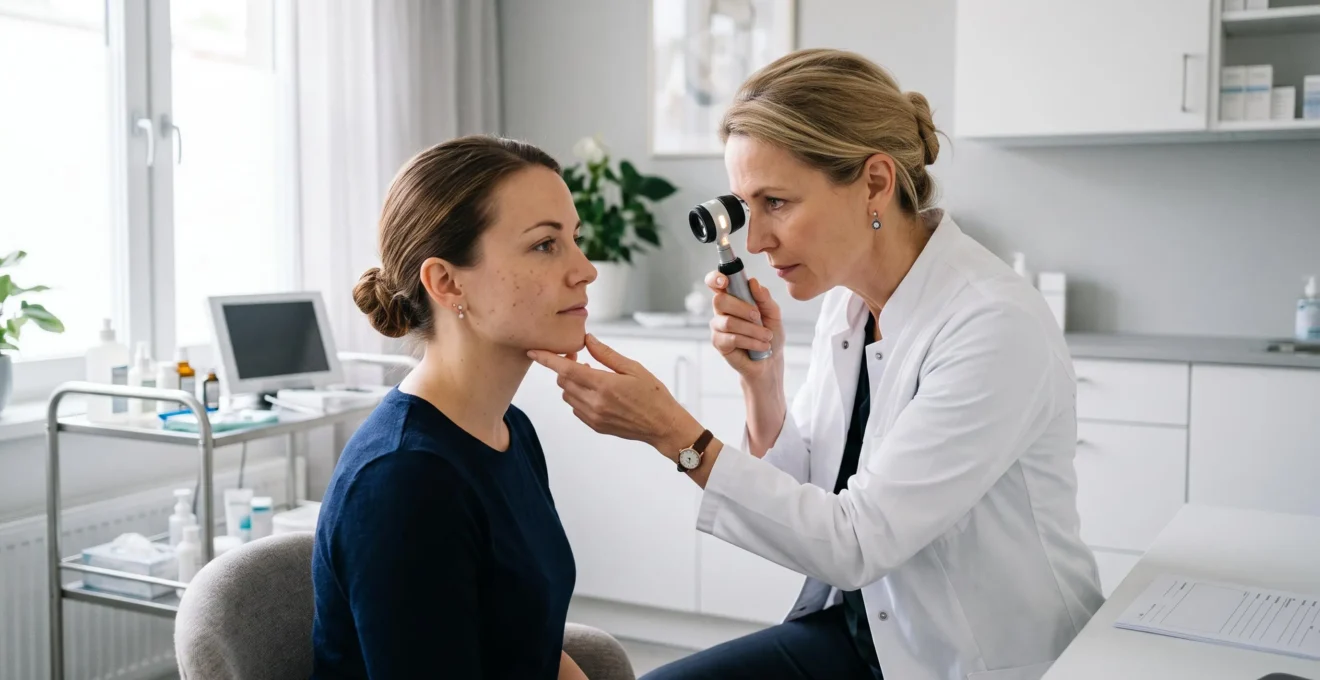 Un dermatologue examine la peau d'une patiente assise dans un centre esthétique médicalisé.