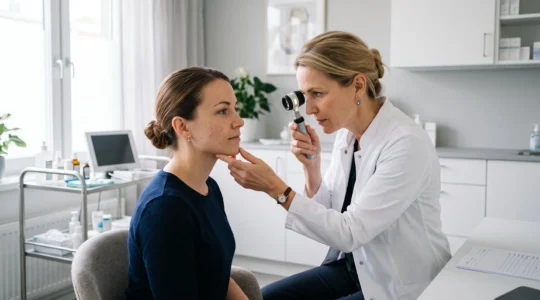 Un dermatologue examine la peau d'une patiente assise dans un centre esthétique médicalisé.